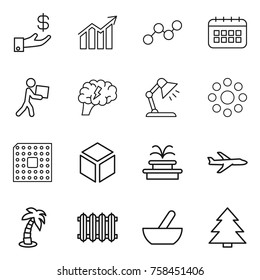 Thin line icon set : investment, diagram, graph, calendar, courier, brain, table lamp, round around, cpu, 3d, fountain, plane, palm, radiator, mortar, spruce