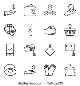 Thin line icon set : investment, wallet, spinner, real estate, delivery, do not hook sign, acid, basket, mobile checking, mixer, rag, soap, hand and drop, gloves, hanger