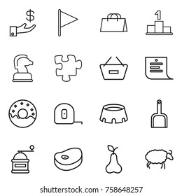 Thin line icon set : investment, flag, shopping bag, pedestal, chess horse, puzzle, remove from basket, list, donut, measuring tape, stadium, scoop, hand mill, steake, pear, sheep