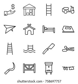 Thin line icon set : investment, warehouse, stairs, scooter shipping, deltaplane, bungalow, bed, iron, pool, chef knife, scissors, sickle, farm fence, hive, drying clothe