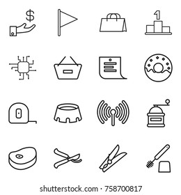 Thin line icon set : investment, flag, shopping bag, pedestal, chip, remove from basket, list, donut, measuring tape, stadium, wireless, hand mill, steake, pruner, clothespin, toilet brush