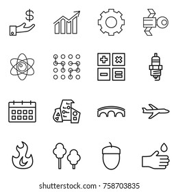 Thin line icon set : investment, diagram, gear, satellite, atom, chip, calculator, spark plug, calendar, modern architecture, bridge, plane, fire, trees, acorn, hand drop