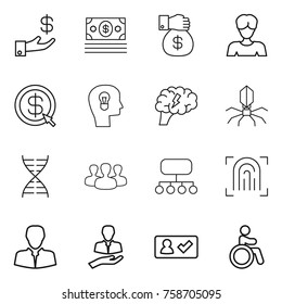 Thin line icon set : investment, money, gift, woman, dollar arrow, bulb head, brain, virus, dna, group, structure, fingerprint, client, check in, invalid