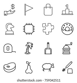 Thin line icon set : investment, flag, shopping bag, pedestal, chess horse, chip, puzzle, donut, measuring tape, palm, scoop, hand mill, steake, pear, sheep, toilet brush