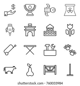 Thin line icon set : investment, trophy, satellite, nuclear power, jet robot, arch, cottage, perishable, suitcase, iron board, repair tools, pets, cow, pear, farm fence, rake