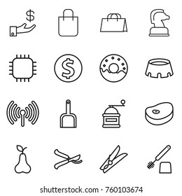 Thin line icon set : investment, shopping bag, chess horse, chip, dollar coin, donut, stadium, wireless, scoop, hand mill, steake, pear, pruner, clothespin, toilet brush