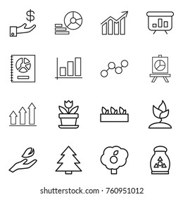 Thin line icon set : investment, diagram, presentation, annual report, graph, up, flower, seedling, sprouting, hand leaf, spruce, garden, fertilizer