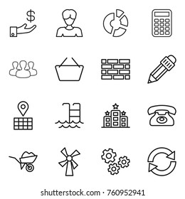 Thin line icon set : investment, woman, circle diagram, calculator, group, basket, brick wall, pencil, map, pool, hotel, phone, wheelbarrow, windmill, gears, reload