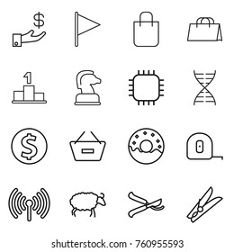 Thin line icon set : investment, flag, shopping bag, pedestal, chess horse, chip, dna, dollar coin, remove from basket, donut, measuring tape, wireless, sheep, pruner, clothespin