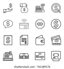 Thin line icon set : investment, money gift, cashbox, dollar arrow, message, tap to pay, crypto currency, coin, receipt, account balance, wallet, credit card, invoice, atm