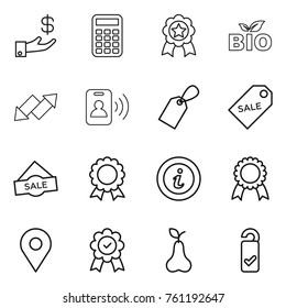 Thin line icon set : investment, calculator, medal, bio, up down arrow, pass card, label, sale, info, geo pin, pear, please clean