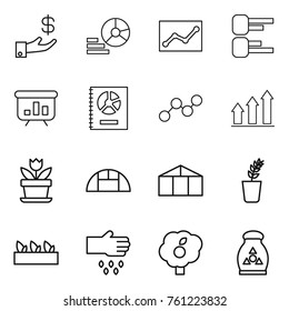 Thin line icon set : investment, diagram, statistics, presentation, annual report, graph, up, flower, greenhouse, seedling, sow, garden, fertilizer
