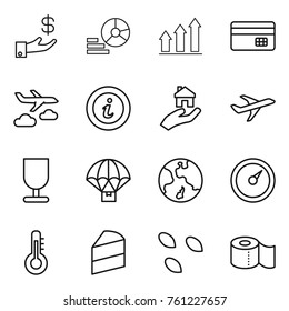 Thin line icon set : investment, diagram, graph up, credit card, journey, info, real estate, plane, fragile, parachute delivery, earth, barometer, thermometer, cake, seeds, toilet paper