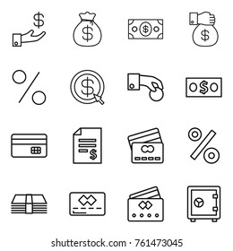 Thin line icon set : investment, money bag, gift, percent, dollar arrow, hand coin, credit card, account balance, safe