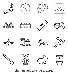 Thin line icon set : investment, percent, brain, nuclear power, bridge, level, scooter shipping, plane, train, surfer, tennis, big spoon, windmill, rabbit, hive