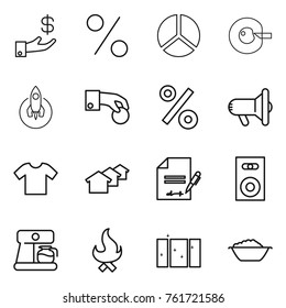 Thin line icon set : investment, percent, diagram, cell corection, rocket, hand coin, megafon, t shirt, houses, inventory, speaker, coffee maker, fire, clean window, foam basin