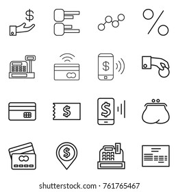 Thin line icon set : investment, diagram, graph, percent, cashbox, tap to pay, phone, hand coin, credit card, receipt, mobile, purse, dollar pin, invoice