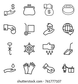 Thin line icon set : investment, purse, money gift, smart bracelet, hand coin, cargo stoller, real estate, delivery, do not hook sign, handwheel, sow, scoop, and drop, gloves, wiping