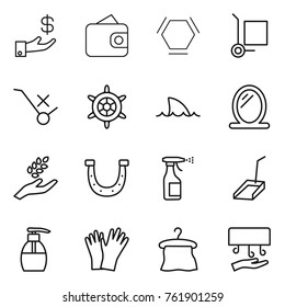 Thin line icon set : investment, wallet, hex molecule, cargo stoller, do not trolley sign, handwheel, shark flipper, mirror, harvest, horseshoe, sprayer, scoop, liquid soap, gloves, hanger