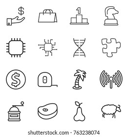 Thin line icon set : investment, shopping bag, pedestal, chess horse, chip, dna, puzzle, dollar coin, measuring tape, palm, wireless, hand mill, steake, pear, sheep