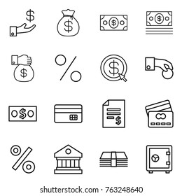 Thin line icon set : investment, money bag, gift, percent, dollar arrow, hand coin, credit card, account balance, library, safe
