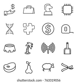 Thin line icon set : investment, shopping bag, chess horse, chip, dna, puzzle, dollar coin, measuring tape, stadium, palm, wireless, scoop, steake, pear, sheep, pruner