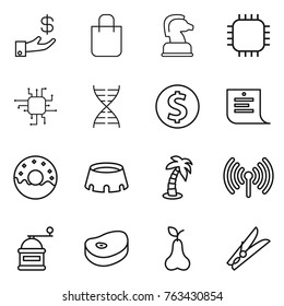 Thin line icon set : investment, shopping bag, chess horse, chip, dna, dollar coin, list, donut, stadium, palm, wireless, hand mill, steake, pear, clothespin