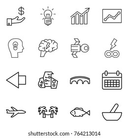 Thin line icon set : investment, bulb, diagram, statistics, head, brain, satellite, infinity power, left arrow, modern architecture, bridge, calendar, plane, palm hammock, fish, mortar