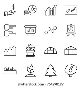 Thin line icon set : investment, diagram, statistics, presentation, graph, up, flower, greenhouse, seedling, sprouting, spruce, garden