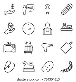 Thin line icon set : investment, presentation, laser, pencil, real estate, clock, workman, reception, tv, radiator, hair dryer, cutting board, beans, harvester, potato, peas