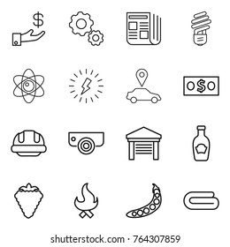 Thin line icon set : investment, gear, newspaper, bulb, atom, lightning, car pointer, money, building helmet, surveillance camera, garage, ketchup, berry, fire, peas, towel