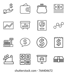 Thin line icon set : investment, wallet, purse, money, statistics, presentation, annual report, graph, cashbox, message, dollar coin, receipt, calculator