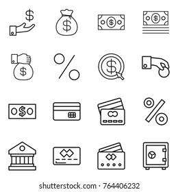 Thin line icon set : investment, money bag, gift, percent, dollar arrow, hand coin, credit card, library, safe