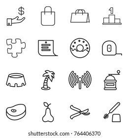 Thin line icon set : investment, shopping bag, pedestal, puzzle, list, donut, measuring tape, stadium, palm, wireless, hand mill, steake, pear, pruner, toilet brush