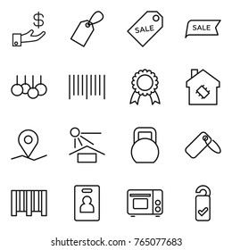 Thin line icon set : investment, label, sale, bar code, medal, smart house, geo pin, sun potection, heavy, identity card, grill oven, please clean