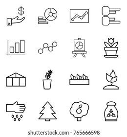 Thin line icon set : investment, diagram, statistics, graph, presentation, flower, greenhouse, seedling, sprouting, sow, spruce, garden, fertilizer