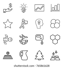 Thin line icon set : investment, bulb, statistics, graph, star, courier, head, atom core, satellite, plane shipping, mixer, honeycombs, field, jug, spruce, clean floor
