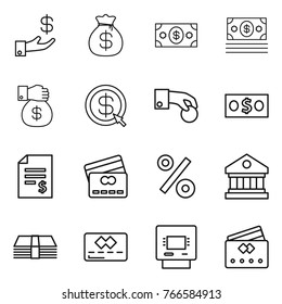 Thin line icon set : investment, money bag, gift, dollar arrow, hand coin, account balance, credit card, percent, library, atm