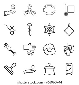 Thin line icon set : investment, spinner, smart bracelet, cargo stoller, do not trolley sign, hook, handwheel, rag, blender, sow, soap, wiping, scraper, hand and drop, hanger, cleanser powder
