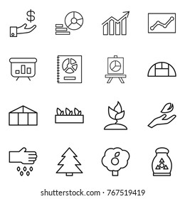 Thin line icon set : investment, diagram, statistics, presentation, annual report, greenhouse, seedling, sprouting, hand leaf, sow, spruce, garden, fertilizer