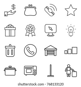 Thin line icon set : investment, purse, call, star, gift, medal, monitor arrow, bulb, bin, phone, garage, sorting, pan, grill oven, rake, garbage