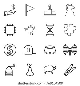 Thin line icon set : investment, flag, pedestal, chess horse, chip, dna, puzzle, dollar coin, measuring tape, stadium, wireless, hand mill, pear, sheep, clothespin