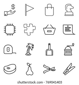 Thin line icon set : investment, flag, shopping bag, chess horse, chip, puzzle, remove from basket, list, measuring tape, palm, scoop, hand mill, steake, pear, pruner, clothespin