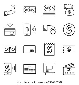 Thin line icon set : investment, money, gift, tap to pay, phone, hand coin, dollar, credit card, receipt, mobile, invoice, atm