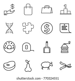 Thin line icon set : investment, shopping bag, pedestal, dna, puzzle, dollar coin, list, donut, measuring tape, scoop, hand mill, steake, pear, sheep, pruner