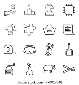 Thin line icon set : investment, pedestal, chess horse, chip, puzzle, remove from basket, shopping list, measuring tape, stadium, palm, scoop, hand mill, pear, sheep, pruner