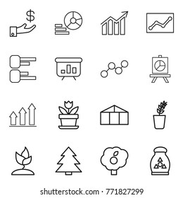 Thin line icon set : investment, diagram, statistics, presentation, graph, up, flower, greenhouse, seedling, sprouting, spruce, garden, fertilizer
