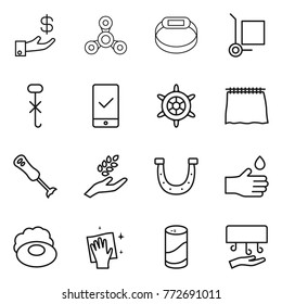 Thin line icon set : investment, spinner, smart bracelet, cargo stoller, do not hook sign, mobile checking, handwheel, curtain, blender, harvest, horseshoe, hand drop, soap, wiping, cleanser powder