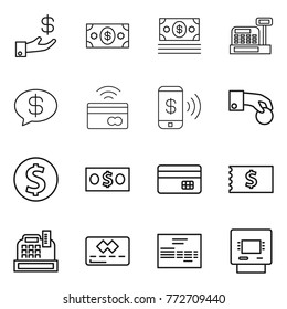 Thin line icon set : investment, money, cashbox, message, tap to pay, phone, hand coin, dollar, credit card, receipt, invoice, atm