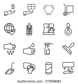 Thin line icon set : investment, gift, hex molecule, cargo stoller, delivery, remote control, coffee maker, thermometer, sow, hand drop, sprayer, scraper, scoop, wiping, cleanser powder, dryer